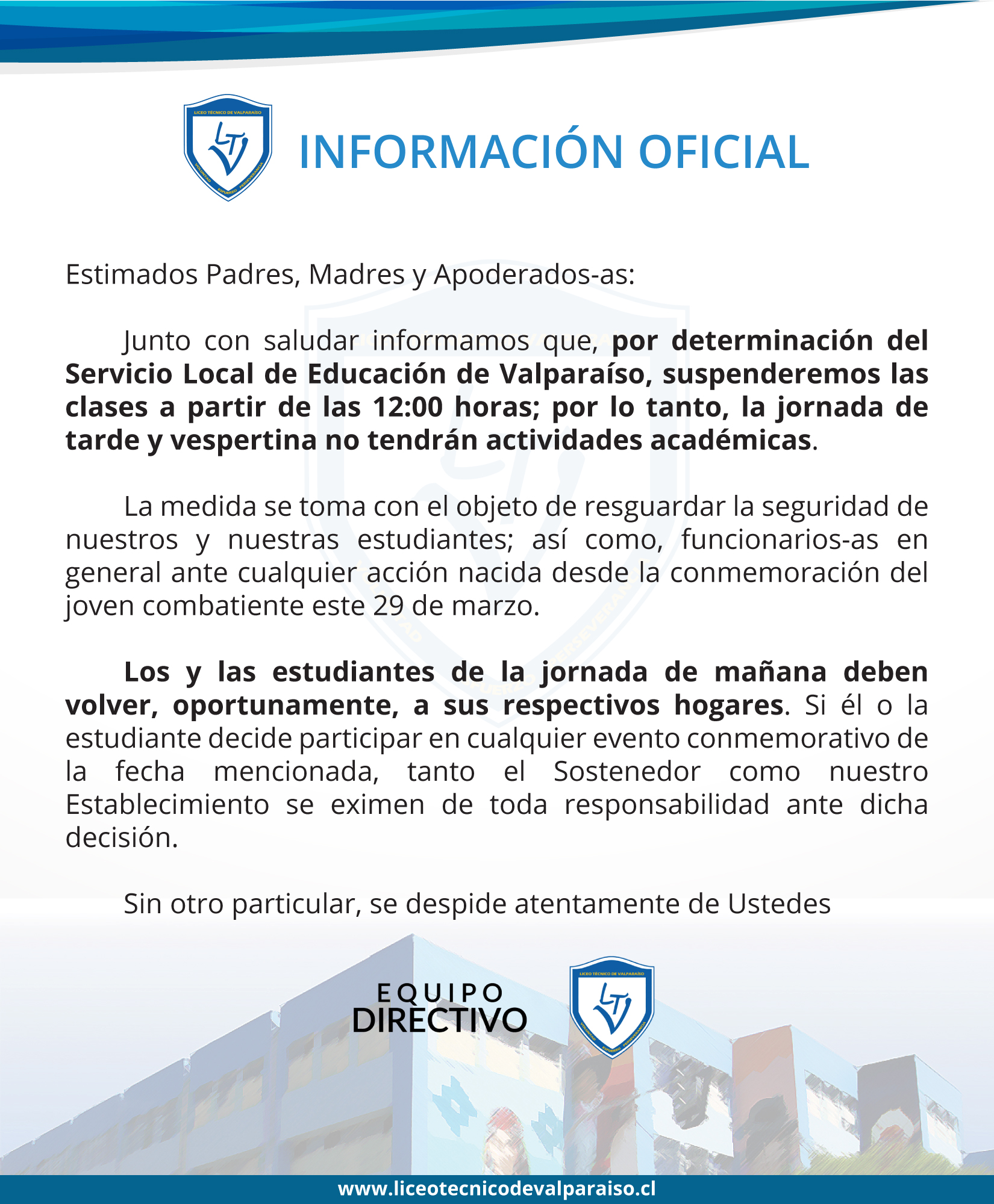 LTV suspende parcialmente actividades académicas por día del joven combatiente
